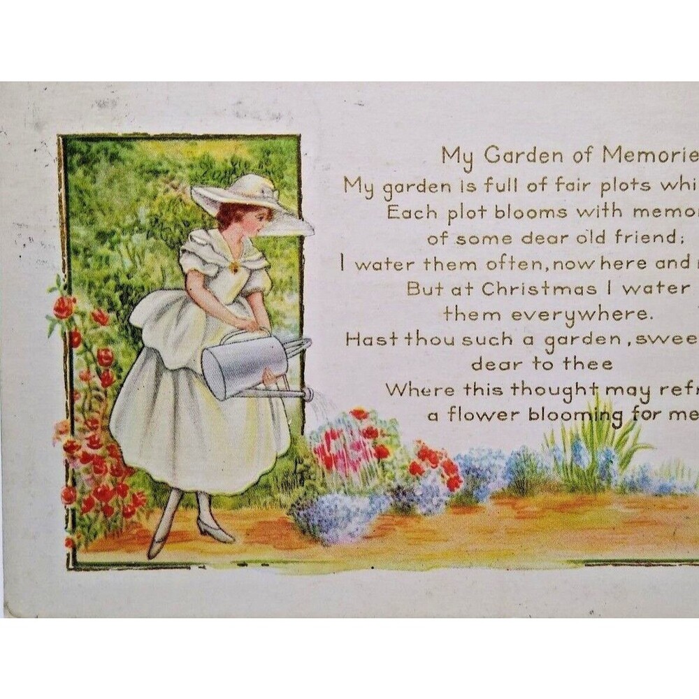 Christmas Postcard Victorian Women Holds Water Can In Garden Flowers Whitney